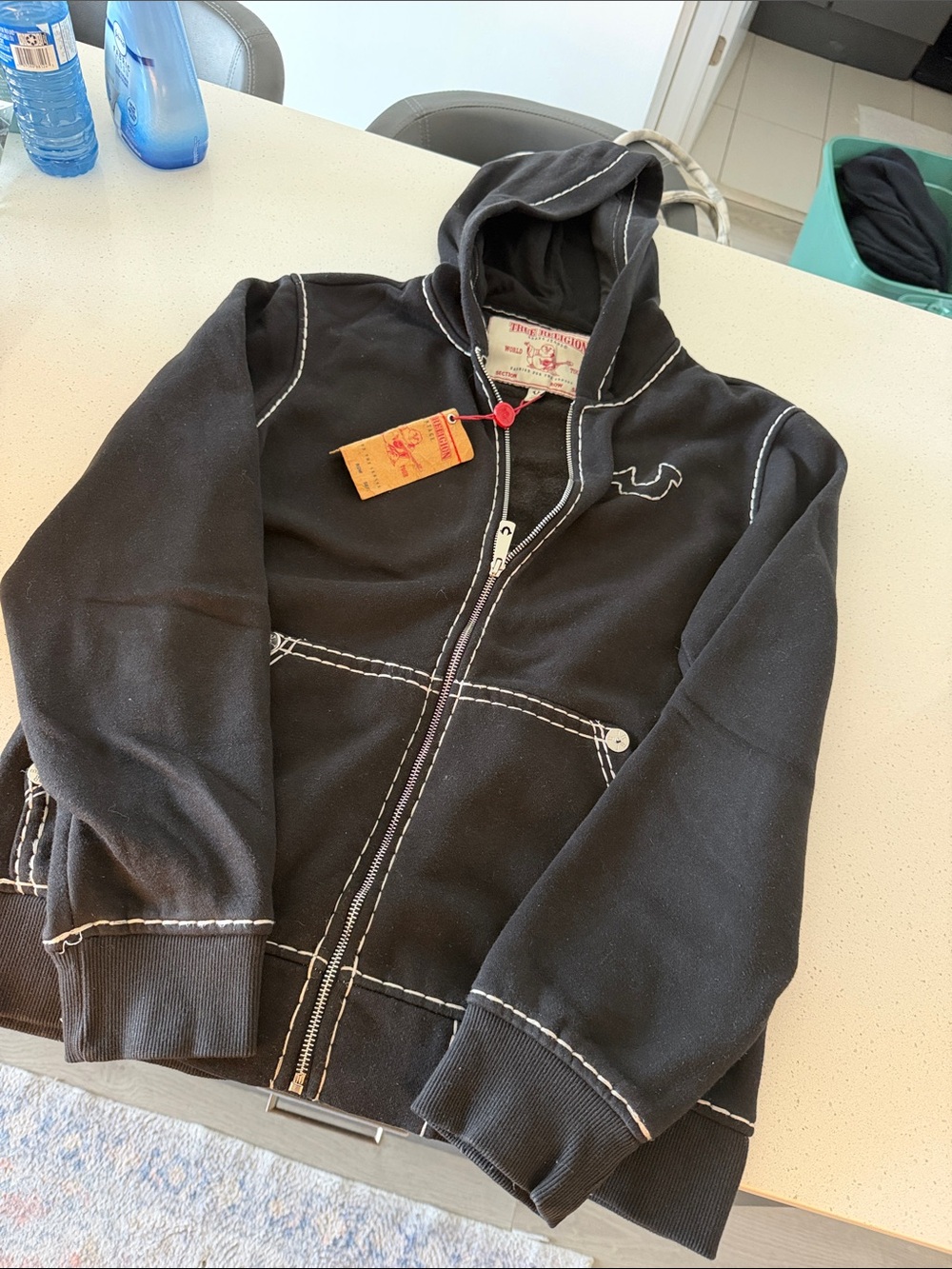 True Religion Black Hooded Zip Jacket with Contrast Stitching